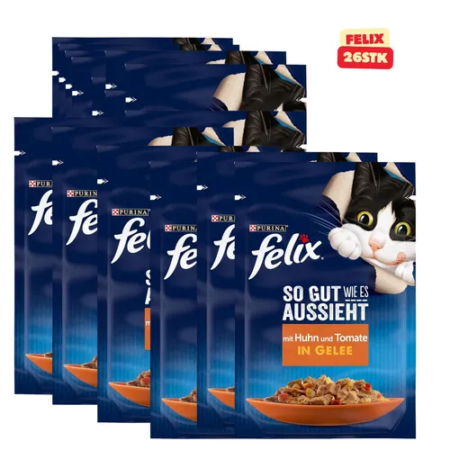 FELIX Katzenfutter nass in Gelee mit Huhn & Tomate 26 x 85g - Katzenfutter in Gelee, ideal für erwachsene Katzen, reich an Huhn für gesunde Haut- & Fellpflege, Gourmetqualität für anspruchsvolle Feinschmecker.