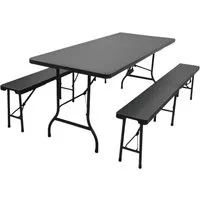 PROREGAL® Bierzeltgarnitur 1x Buffettisch & 2x Bierbank klappbar 180cm für 8 Personen - Bierzeltgarnitur-Set mit 1 Klapptisch und 2 Klappbänken, ideal für Gartenpartys oder Camping. Wetterfestes, stabiles Stahlgestell und pflegeleichte Rattan-Optik sorgen für Komfort und Langlebigkeit.