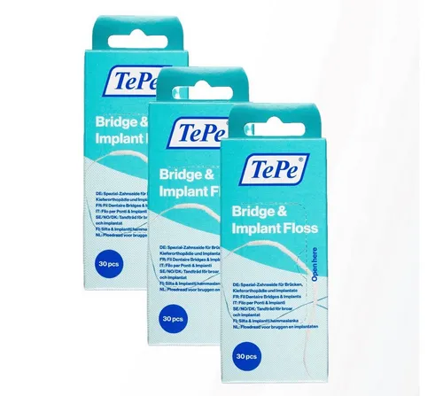 TePe Zahnseide Bridge & Implant Floss (3er Set) - Zahnseide für Implantate und Brücken, mit flexiblen Enden für einfache Handhabung und effektive Reinigung, ideal für Parodontalpflege.
