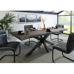 Baumtisch Mango 220x100x77 grau lackiert - Kreuzgestell anthrazit glänzend FREEFORM 5 - Einzigartiger Baumkantentisch aus hochwertigem Mangoholz mit grauer Lackierung. Das stilvolle Spider-Gestell in glänzendem Anthrazit sorgt für Stabilität und Eleganz. Entdecken Sie die Vielfalt der FREEFORM 5 Serie bei Massivmoebel24!