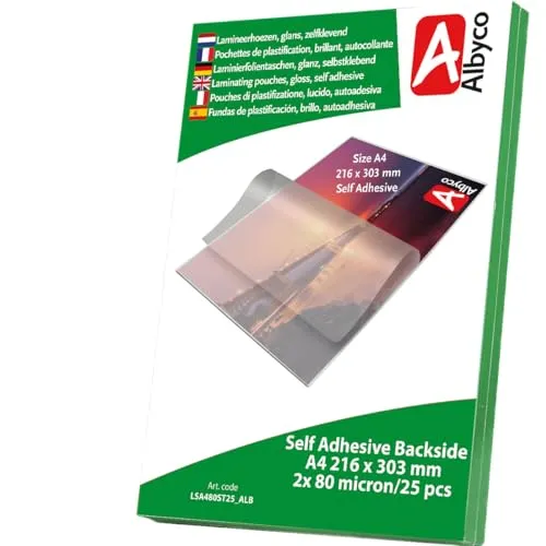 Albyco EINSEITIG SELBSTKLEBENDE Laminierfolien, Laminiertaschen - Format A4, 216x303 mm - Dicke 2x80 (160) Mikron - Glänzend - 25 Stück - Transparent