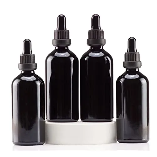YIZHAO Pipettenflasche 100ml Schwarz, Apothekerflasche mit Pipette Glas, für Ätherisches Öl, Aromatherapie, Massage, Düfte, Labor, Kosmetik, Reisen – 4 Pcs