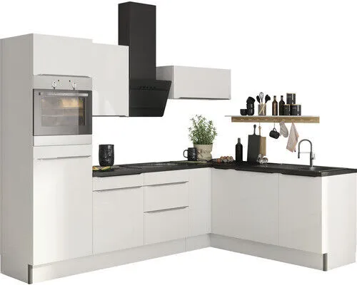 Optifit Winkelküche Arvid986 270 cm in Weiß glänzend - Einbauküche ohne Geräte, 270 cm breit mit 38 mm starken Arbeitsplatten, ideal für moderne Küchen und platzsparende Lösungen.