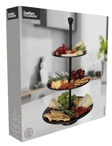 Excellent Houseware Etagere mit 3 Ablagen - 36,5 cm, eleganter Servierständer aus mattschwarzem Edelstahl für Obst und Desserts
