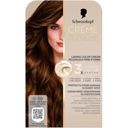Schwarzkopf Creme Supreme Haarfarbe 6-68 Caramel Dark Blonde - Permanente Haarfarbe von Schwarzkopf, 60 ml, für lebendige, langanhaltende Farben und glänzendes Haar. Ideal zum Kaschieren von grauem Haar und für eine einfache Anwendung zu Hause.