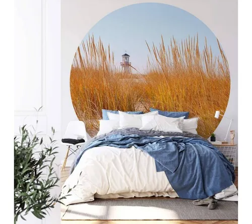 K&L Wall Art Fototapete Fototapete Leuchtturm Strand Schilf Vliestapete Rund Wohnzimmertapete, Strandfeld Tapete