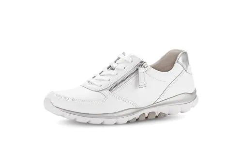 Gabor Comfort Rollingsoft - Weiß Leder Halbschuhe - Modische weiße Damenschuhe mit silbernen Akzenten, ideal für den Alltag! Die elastische Sohle sorgt für ein angenehmes Laufgefühl. Schnürung und Reißverschluss ermöglichen ein einfaches An- und Ausziehen. Wechselbares Fußbett für individuellen Komfort.