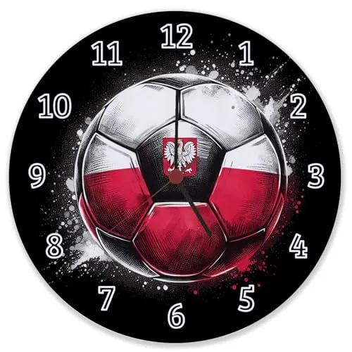 speecheese Fußball Polen Flagge Wanduhr aus Glas Perfekte Dekoration für EM 2024 Ball und Länderfarben in Rot-Weiß