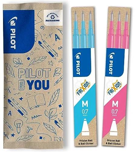 PILOT - FriXion Ersatzminen 0.7 - 2 Sets mit 3 Minen - FriXion Nachfüllminen mit Radierbarer Tinte - Kompatibel mit FriXion Ball & Clicker - Hellblau, Pink - Mittlere Spitze (6 Minen)