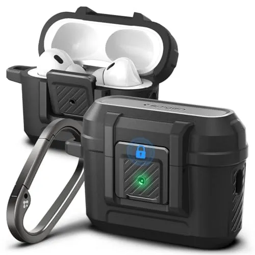 Spigen Lock Fit Hülle für AirPods Pro 2. Generation - Schwarz - Audio-Zubehör mit sicherem Verschlusssystem für optimalen Schutz und einfache Click-In-Installation. Inklusive Karabiner für praktische Handhabung und Portabilität.