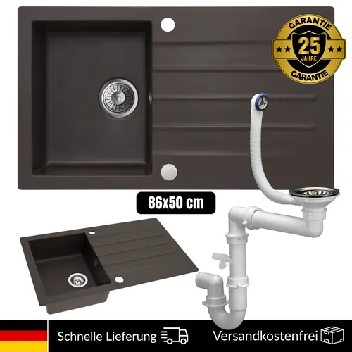 MODERNO Granitspüle Mojito 100 Dark Chocolate 86x50cm - Elegante Einbauspüle aus Granit mit praktischer Abtropffläche. Hitzeresistent und modern im Design, ideal für Ihre Küche. Im Lieferumfang ist ein Siphon enthalten.