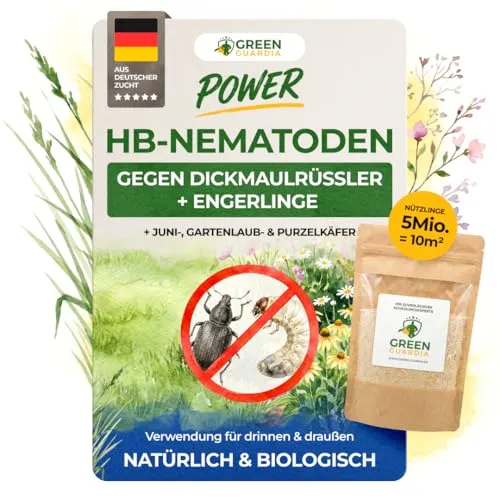 GREEN GUARDIA Power HB-Nematoden - Biologische Schädlingsbekämpfung gegen Dickmaulrüssler & Engerlinge - Insektenabwehr mit 5 Mio. HB-Nematoden für eine effektive, umweltfreundliche und chemiefreie Bekämpfung von Schädlingen. Sicher für Mensch und Tier, einfach anzuwenden!