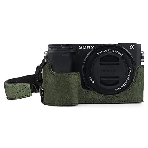 MegaGear MG1644 Ever Ready Halbtasche aus echtem Leder, kompatibel mit Sony Alpha A6100, A6400, Grün