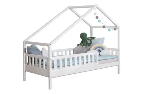 TiCAA Hausbett Lou - wandelbares Bodenbett für Jungen & Mädchen - Kiefer Massivholz Bett mit asymmetrischem Dach, höhenverstellbarer Liegefläche und abnehmbarem Rausfallschutz für mehr Sicherheit und Flexibilität.