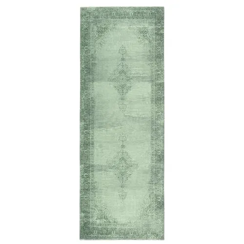 Kelim Vintage Teppich Wohnzimmer Grün 80 x 195 cm - Moderner Kurzflor Teppich - Besonders weich und pflegeleicht: Der Kurzflorteppich sorgt für Gemütlichkeit in Ihrem Wohnzimmer. Maschinenwaschbar bei 30°C und ideal für Fußbodenheizungen – für ein stilvolles Zuhause mit Charakter.