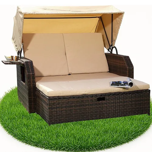 Mucola Strandkorb Sonnenliege mit Dach - Strandkorb aus Polyrattan für 2 Personen, mit verstellbarem Sonnenschutzdach und Klapptisch – ideal zum Entspannen im Garten oder am Strand!