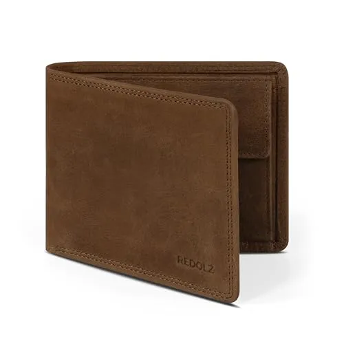 REDOLZ Herren Leder-Geldbörse Querformat mit Klappe | Geldbeutel Brieftasche Portmonee Portemonnaie mit Klappe | RFID-Schutz & 8 Kartenfächer Querformat | Maße 12 x 2,5 x 9,5 cm (braun)