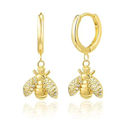 Brandlinger ® Ohrringe Silber 925 hängend. Creolen mit Anhänger Biene mit Zirkonia Stein. Schmuck Damen vergoldet mit 18 Karat (Silber und Gold) für Frauen und Mädchen. Ø Creolen 12,5mm. (Gold)