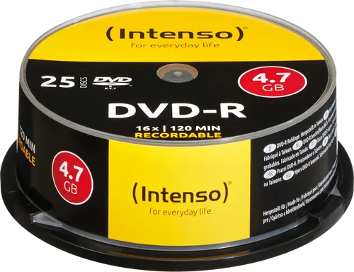 Intenso DVD-R 4,7GB, 25-er Cakebox - Rohlinge für Pre-Mastering und Verifikation, kratzfest und 16x Speed für zuverlässige Wiedergabe in DVD-Videogeräten.