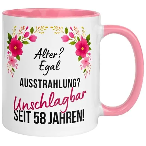 Geburtstag Frauen Geschenk Tasse | Alter? Egal – Ausstrahlung? Unschlagbar seit 58 Jahren! | Lustige Geschenk Geburtstagstasse Spruch 58. Geburtstag | 58ter Geburtstag - Geburtstagsgeschenk Frau 58