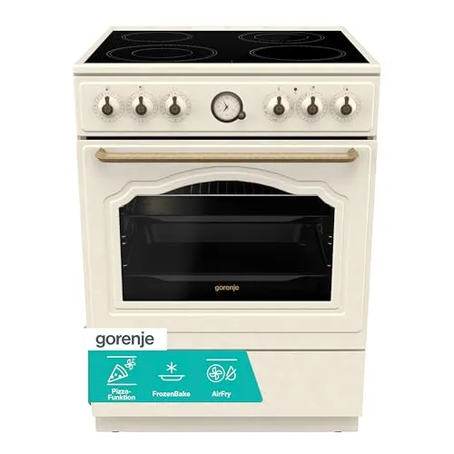 Gorenje Stand-Elektroherd GECS6B70CLI mit Glaskeramikfeld - Stand-Elektroherd in crème mit 71L Innenraumvolumen, energieeffizienter A-Klasse und modernem Glaskeramikfeld für präzises Kochen.