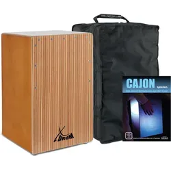 Cajon Bass Port Walnut Zebrano Set - Percussion Cajon mit einzigartigem Zebrano-Finish, ideal für Anfänger und unterwegs dank praktischem Gigbag.
