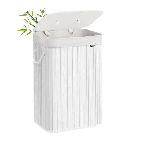 SONGMICS Wäschekorb mit Deckel, 72 l aus Bambus - Wäschekorb aus robustem Bambus mit 72 l Volumen, faltbar und mit abnehmbarem, waschbarem Wäschesack für einfache Handhabung und platzsparende Aufbewahrung.