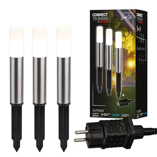 BRILONER Connect to Shine 12V Gartensystem 3er Set LED Pollerleuchte - Lampen: Stimmungsvolle, warmweiße Gartenbeleuchtung mit IP44-Schutz, ideal für feuchte Umgebungen. Inklusive Transformator und flexibel erweiterbar für individuelle Gestaltung.