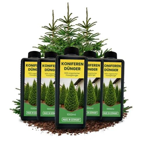 5x 1L Langzeit Koniferendünger organisch - Organischer Flüssig Dünger für Koniferen, ideal für alle Jahreszeiten und sorgt für kräftiges Wachstum und gesunde Pflanzen.