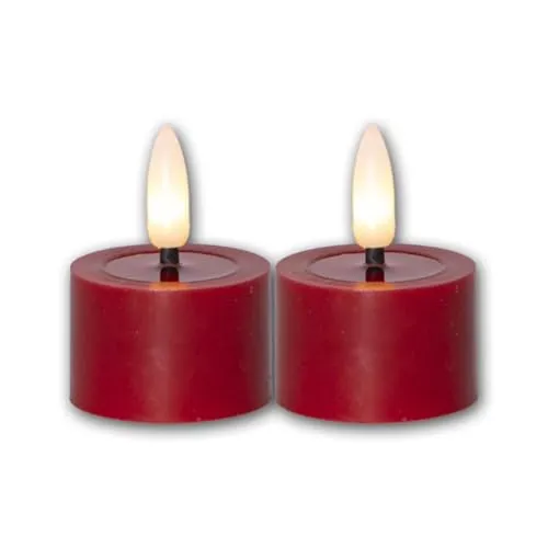 Star Trading 060-02 LED-Echtwachs-Kerze Flamme Flow, 2er Set rot, Wachsspiegeloptik, je 4 x 5 cm, naturgetreue Flamme, inkl. Batterie, Timer, Vierfarb-Karton