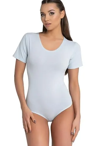 Evoni Damen Body kurzarm l Stringbody aus Baumwolle mit Rundhals l Kurzarmbody für Frauen l Tanga Bodysuit l String Body S hellblau