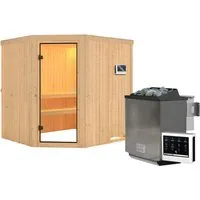 Karibu Innensauna Ella mit 9kW Bio Ofen - Sauna aus 68mm nordischem Fichtenholz, schnell montierbar dank einfacher Elementbauweise und mit einem leistungsstarken 9kW Bio Ofen für entspannende Wellnessmomente.