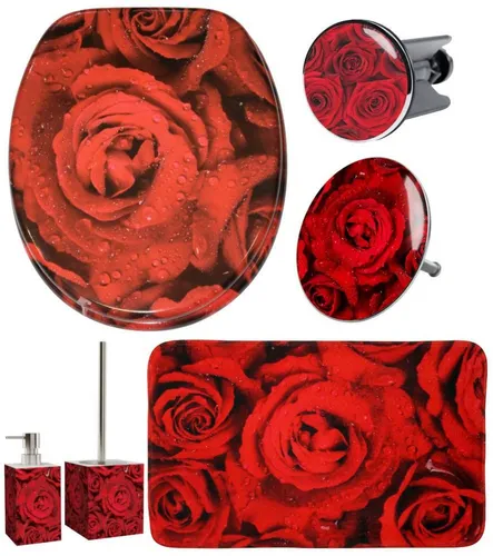 Sanilo Badaccessoire-Set 6-teilig in Rot - Hochwertiges Badaccessoire-Set mit WC-Sitz, Badteppich und mehr. Einfach zu montieren, pflegeleicht und modern – für ein stilvolles Badezimmer.