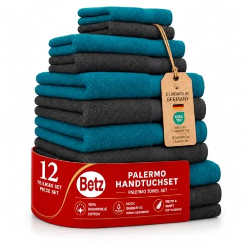 Betz Handtuch Set 12-tlg. PALERMO in petrol und anthrazit - Handtuch-Set mit 12 Teilen aus 100% Baumwolle, flauschig und saugfähig, ideal für jeden Haushalt.
