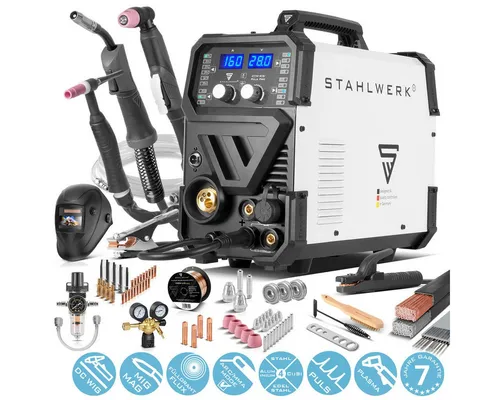 STAHLWERK CTM-416 Puls Pro Kombi-Schweißgerät - 6-in-1 Inverter Schweißgerät für Elektrodenschweißen, MIG/MAG, WIG und Plasma, mit maximal 160 A Leistung und 7 Jahren Garantie – ideal für Profis und Hobby-Handwerker.