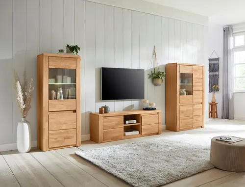 Home affaire Wohnwand Burani, 3-teilig aus teilmassivem Holz - Stylische Wohnwand für ein modernes Wohnzimmer, bestehend aus TV-Board und Schränken mit viel Stauraum und Glaseinsätzen für dekorative Akzente.