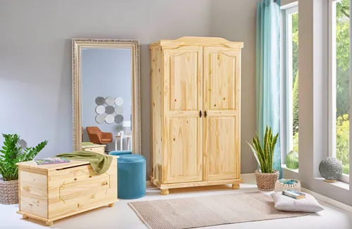 Mid.you Drehtürenschrank Interlink Genf, Kiefer - Kleiderschrank im Landhausstil aus massivem Kiefernholz, bietet ausreichend Stauraum mit 4 Fächern und einer Kleiderstange. Ideal für kleinere Schlafzimmer und sorgt für Ordnung.