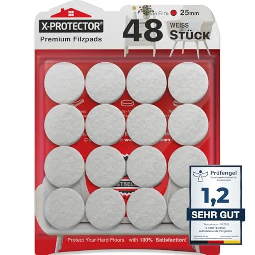 X-Protector Filzgleiter 48 Stück 25 mm - Prämie Möbelgleiter Weiß - Dicker Filz Selbstklebend - Bodenschoner für Stühle - Große Menge an Filzgleiter Selbstklebend - Schützen Sie Ihre Holzfußböden!