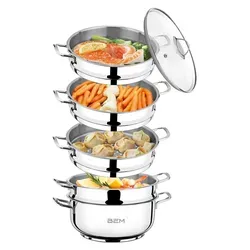 BEM Dampfgartopf Ø 26 cm, Edelstahl 18/10 - Dampfgartopf Set (6-tlg.) mit Dampfeinsatz, ideal für Induktionsherde. Mit stapelbaren Behältern zubereiten Sie mehrere Gerichte gleichzeitig - platzsparend und effizient!