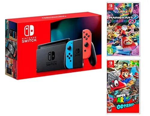 Nintendo Switch Neon-Rot/Blau Pack Mario Kart 8: Deluxe + Super Mario Odyssey