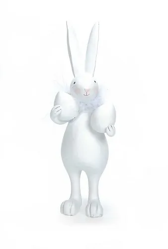 Bubble-Store Osterhase Osterfigur (Oster Deko Figur), Osterhase weiß mit Federboa und 2 Ostereiern