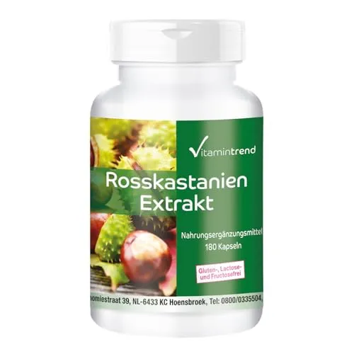 Vitamintrend Rosskastanien Extrakt 300mg, 180 Kapseln, schluckfreundlich, 20% Aescin, hochdosiert, Nahrungsergänzungsmittel vegan ohne Magnesiumstearat, in Deutschland hergestellt