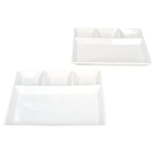 MamboCat Frühstücksteller 2er Set Fondueteller weiß 23x18 cm mit 4 Fächern - Praktisches 2er Set Fondueteller aus hochwertigem Porzellan, ideal für Raclette und Fondue, sorgt für ein stilvolles Essen mit verschiedenen Dips.