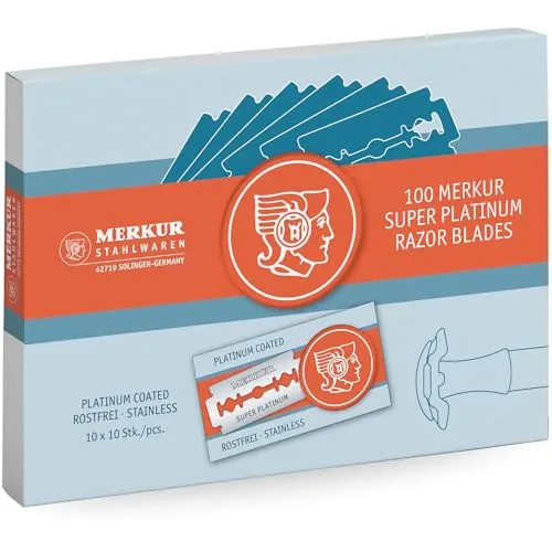 MERKUR Rasierklingen Edelstahl Super Platinum Silber 910 (100 Stück) | Klassische doppelseitige Rasierklinge mit Platin beschichtet | Ideal für Nassrasur mit dem Rasierhobel | Rostfreier Edelstahl