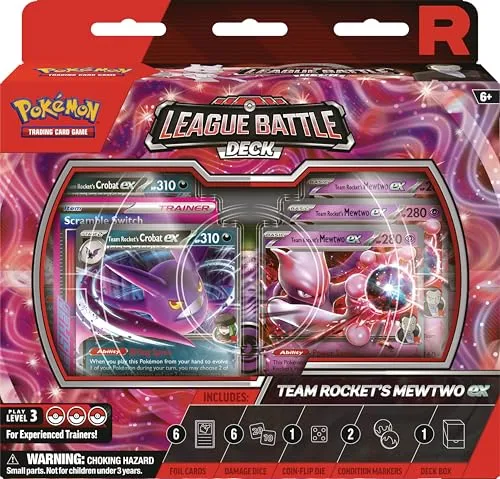 Pokémon TCG: Team Rocket's Mewtwo ex Liga Kampfdeck - Spielfertiges 60-Karten Deck mit Team Rockets Mewtwo ex und Crobat ex. Enthält alles für spannende Duelle: Schadenszähler, Würfel, Deckbox und Strategieblatt. Ideal für Pokémon TCG-Fans und Turniere!