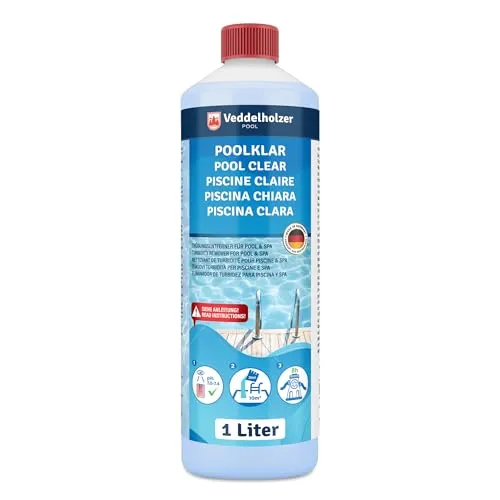 Veddelholzer Poolklar 1 Liter - Reinigungsmittel für Pools & Whirlpools, sorgt für kristallklares Wasser und verbessert die Filtrationsleistung. Ideal für alle Filterarten und Systeme.