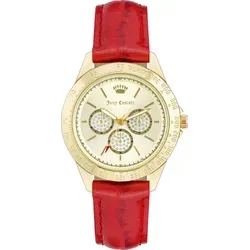 Juicy Couture Damen Uhr JC/1220GPRD - Armbanduhr für Damen, goldfarbenes Gehäuse mit rotem Lederarmband und Tachymeter. Ein modisches Must-Have für stilbewusste Frauen!