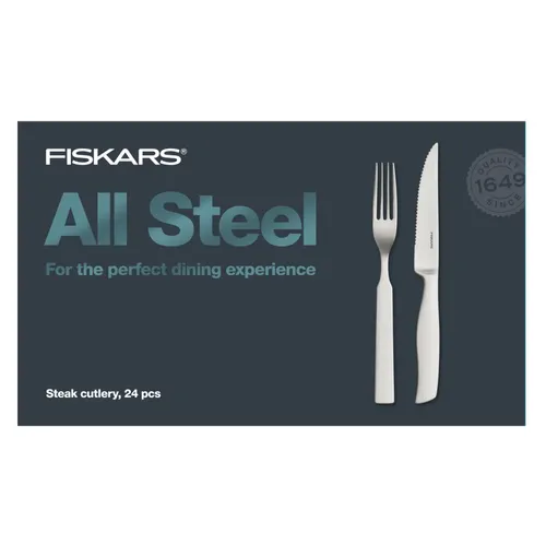 Fiskars All Steel Steakbesteck-Set, 24-teilig - Hochwertiges 24-teiliges Steakbesteck-Set aus Edelstahl für 12 Personen. Modernes Design, ideal für festliche Anlässe und den täglichen Einsatz. Langlebig und elegant für jeden Tisch.