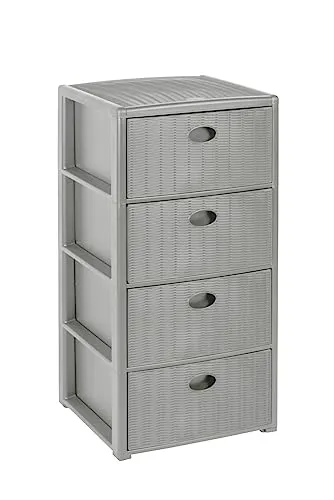 Rollbarer Schubladenschrank in Rattan-Optik mit 4 Schubladen (40x40x81 cm, Grau) - Stylischer rollbarer Schubladenschrank für mehr Ordnung in Ihrem Zuhause. Mit 4 geräumigen Schubladen und einem eleganten Design bietet er praktischen Stauraum für Bad, Büro oder Schlafzimmer. Pflegeleicht und mobil dank 4 stabiler Rollen.