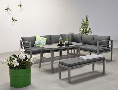 Garden Impressions Dining-Ecklounge "Lakes" mit Sitzbank, Tisch und Kissen - Stilvolle Gartenmöbel für Innen und Außen, mit rostfreiem Gestell und elegantem Design in arctic grey und reflex black.